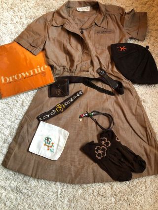 Vintage Brownie Girl Scout Uniform Dress Purse Belt Socks Handkerchief Book Hat