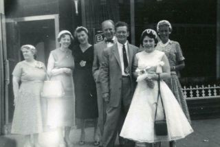 T372 Vintage Photo June Wedding,  Bride Groom Wedding Dress Mid Century