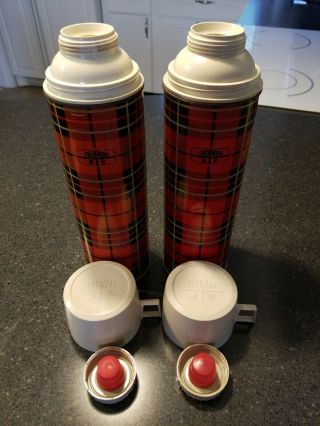 Vintage Set Of 2 1960s Thermos Container In Red Plaid With All Parts