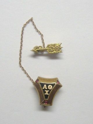 1928 10k Gold & Ruby Theta Delta Chi Fraternity Pin 2 Piece Arrow With Chain