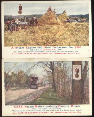 Pair 1908 Post Cards Advertising J I Case Threshing Machine Co.  Steam Engines
