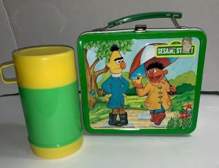 Vintage Tin Lunchbox Sesame Street Bert Ernie Aladdin Green Thermos Seasons