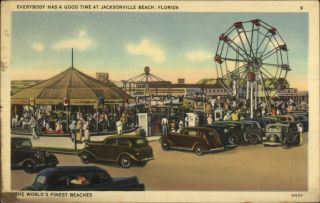 Jacksonville Fl Merry - Go - Round Ferris Wheel Linen Postcard