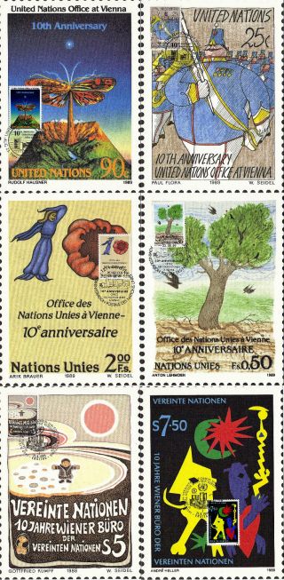 United Nations 1989 10th Anniversary Vienna Set Of All 6 Postcards Shs To Front