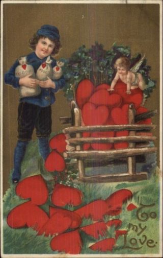 Valentine - Boy W/ Bags Of Money - Cupid & Hearts C1910 Postcard