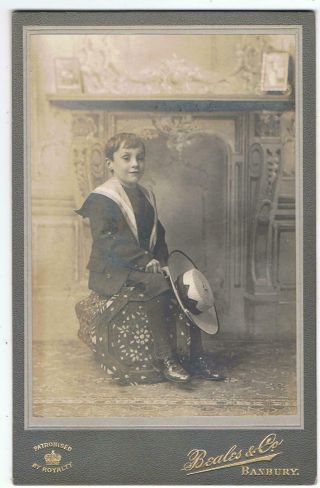 Cabinet Card Of A Young Boy With Large Straw Hat By Beales & Co,  Banbury