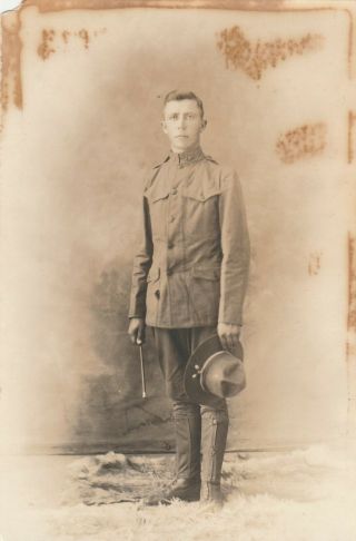 Photo Studio Army Soldier Holding Swagger Stick Campaign Hat Pre Ww1 4 X 6 Inch