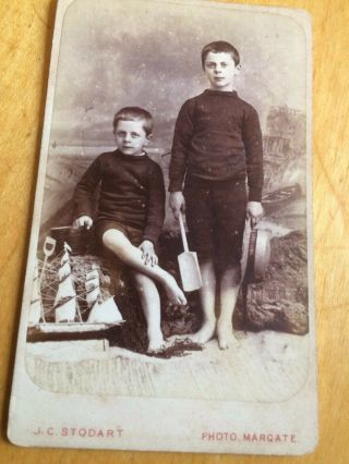 Victorian Cdv Photo Of Two Little Boys In Seaside Setting