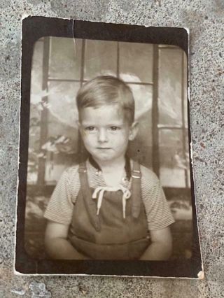 Antique Photobooth Arcade Photo Adorable Little Boy Wearing Overalls