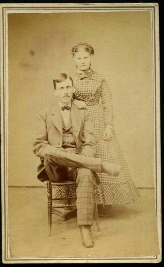 Antique Civil War Era Cdv Photo Lady & Man W Gingham Dress Plaid Slacks Utica Ny