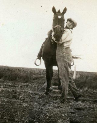 Aa117 Vtg Photo Woman In Overalls Hugging Her Horse C Early 1900 