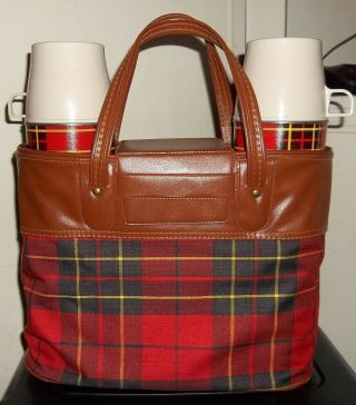Vintage Thermos 1964 Picnic Lunch Set Plaid Fabric Case & Thermoses Made In Usa