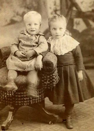Antique Cabinet Photo Darling Children Girl Boy Fringed Chair Durand Wi