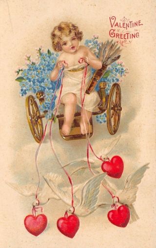 Valentine Gossamer Cherub Cupid Wagon Pulled By Doves Thru Clouds Hearts Bw 312