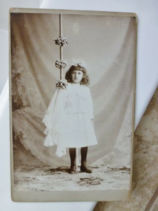 Antique Cabinet Card Photo Pretty Girl Communion Large Candle White Dress Flower