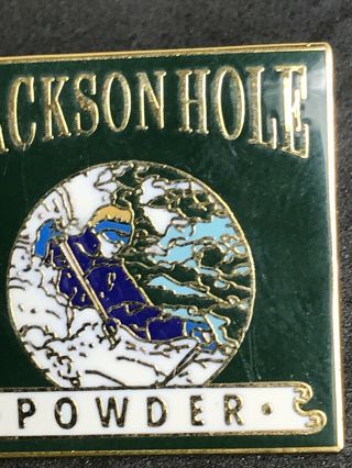 Vintage Jackson Hole Powder Pin Back Gold Tone Enamel? Skiing 4