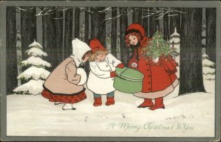 Christmas - Children In Woods W/ Hat Box C1910 Postcard