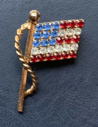 Vintage Usa Rhinestone Patriotic American Flag Brooch Lapel Pin