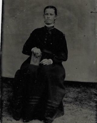 Tintype Photo T989 Young Woman In Black Dress Holding A Book