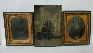 3 Vintage Tin Type Photos - Young Boy In Suit With Watch - 2 Ladies