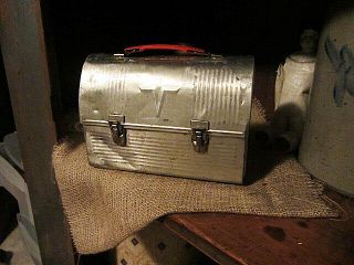 Old Vintage Metal Thermos Lunch Pail.  Silver With Red Handle.