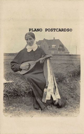 " Woman Playing Mandolin With Ribbons - Early 1900 
