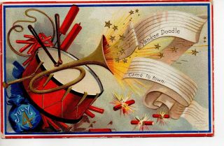 62023 Fourth Of July Embossed Postcard C 1910 Yankee Doodle Drum & Bugle Music