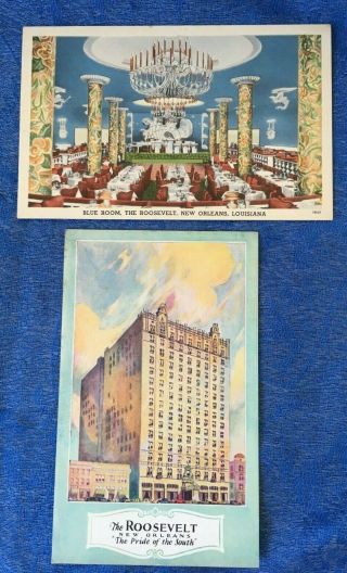 Roosevelt Hotel Orleans,  Louisiana Outside View & Blue Room Vintage Postcard