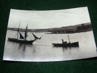 Vintage Photograph Plymouth Sutton Harbour Steam Tug Boat Towing Sail Ship
