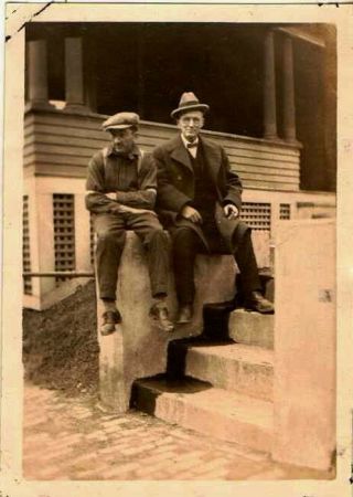 Vintage Antique Photograph Two Men Sitting On Wall By House