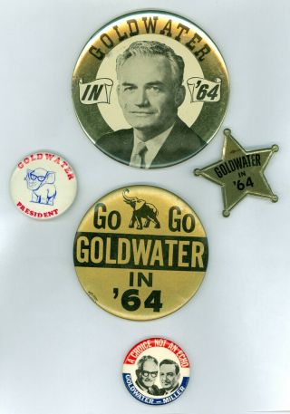 5 Vintage 1964 President Barry Goldwater Political Campaign Pinback Buttons