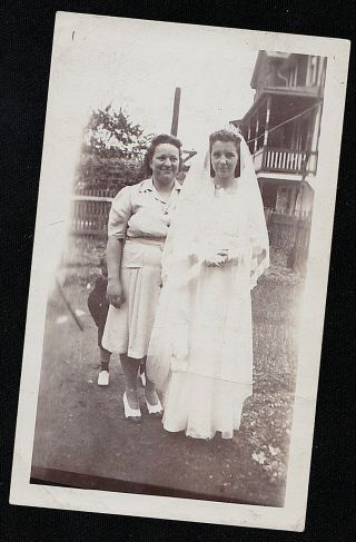 Vintage Antique Photograph Wedding Bride In Gown With Mom In Yard