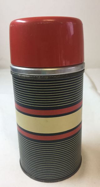 Vintage Metal Thermos Horizontal White Stripe,  Red,  Black Mid Century Modern