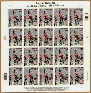 20 Stamps America Responds 9/11 9 - 11 Heroes 2001 Firefighters World Trade Center