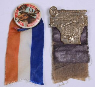 2 Vintage 1933 Milwaukee Elkdoms Elks Wonder Lodge & Moose Metal Ribbons Badges