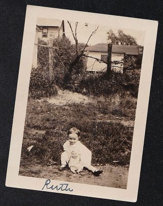 Vintage Antique Photograph Adorable Little Girl Sitting On Ground W/ Baby Doll