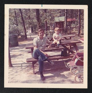 Vintage Photograph Man With Adorable Little Boy Sitting On Picnic Table