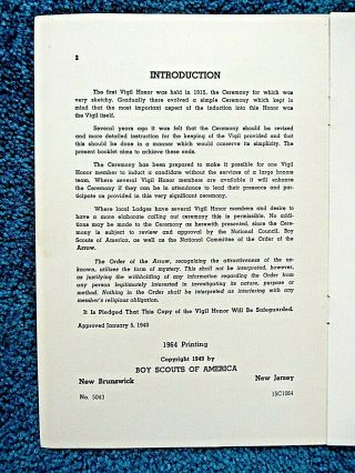 BOY SCOUTS OF AMERICA OA VIGIL HONOR CEREMONY BOOK BSA 5043,  10/1964, 2