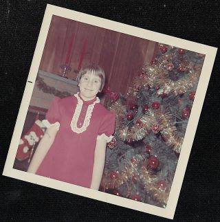 Vintage Photograph Little Gil In Red Dress Standing By Christmas Tree