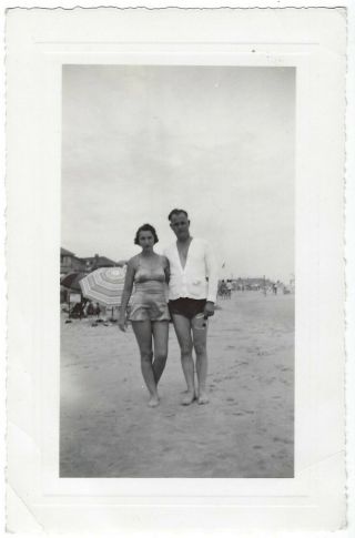 Beach Couple.  1930s Vintage Photo Man And Woman In Swimsuits