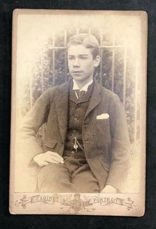 Victorian Photo: Cabinet Card: Smart Young Man Outside Railings 1 Of 2