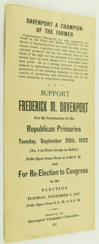 1932 Election Republican Frederick M.  Davenport Congress Re - Election Pamphlet 3