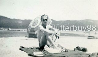 Y179 Vtg Photo Bathing Swim Suit Beach Guy In Sunglasses,  Umbrella C 1930 
