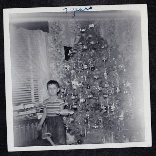 Antique Vintage Photograph Little Boy W/ Toy Car Standing By Christmas Tree