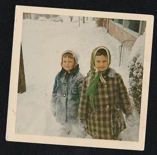Vintage Photograph Two Adorable Little Girls Dressed For Winter Out In The Snow