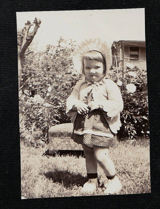 Vintage Antique Photograph Adorable Little Girl In Bonnet Standing In Yard