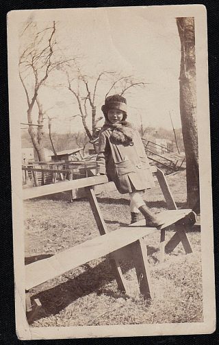 Vintage Antique Photograph Cute Little Girl Standing On Park Bench