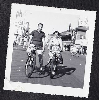 Antique Vintage Photograph Man & Woman Riding Bicycles / Bikes On Boardwalk