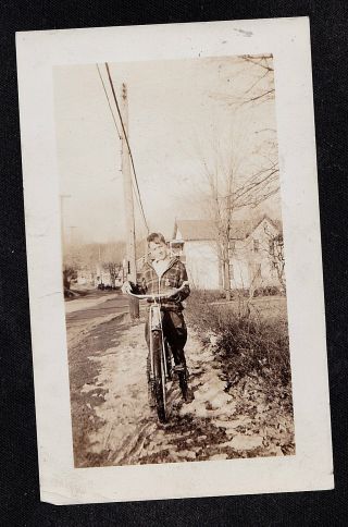 Vintage Antique Photograph Young Boy Riding On Old Time Bicycle / Bike