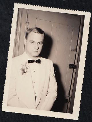 Old Vintage Antique Photograph Man Dressed Up In Bow Tie Standing By Door 1954